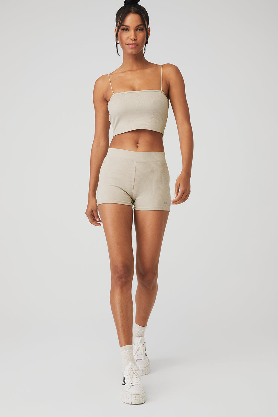Goddess Ribbed Bandeau Top & Goddess Ribbed High-Waist Hot Short Set - Oatmeal Heather