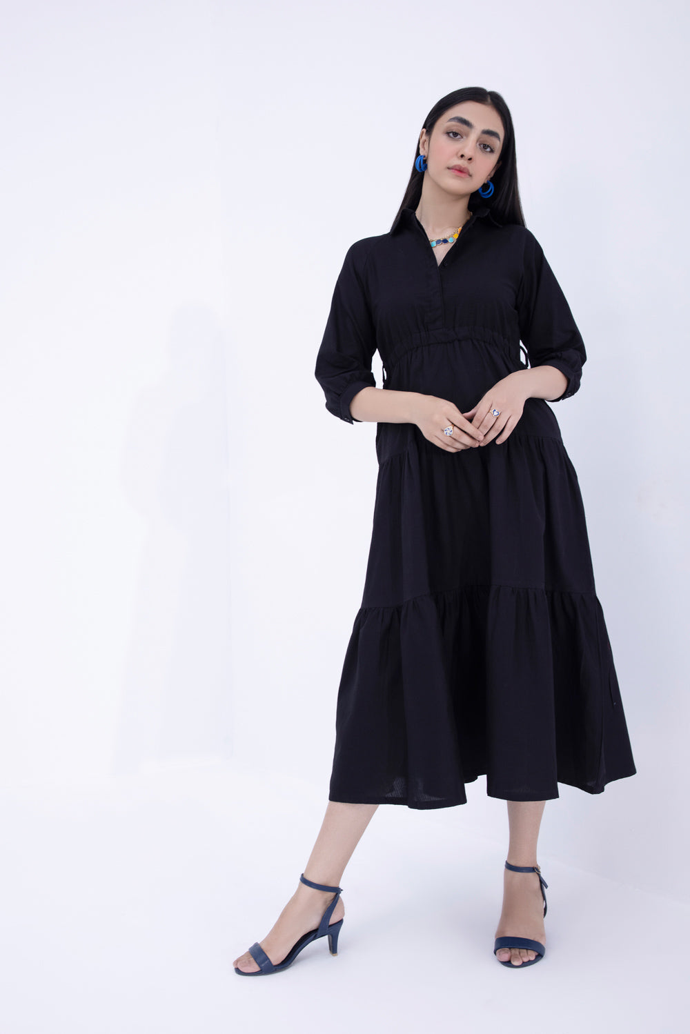 Belted Tier Dress With Collar