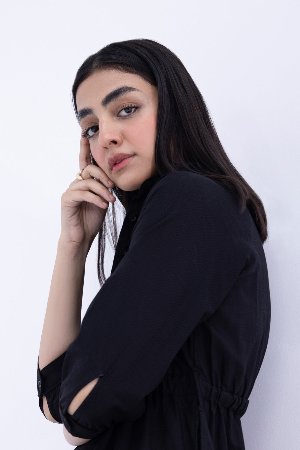 Belted Tier Dress With Collar