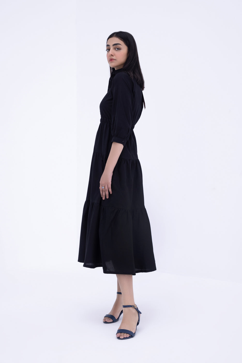 Belted Tier Dress With Collar