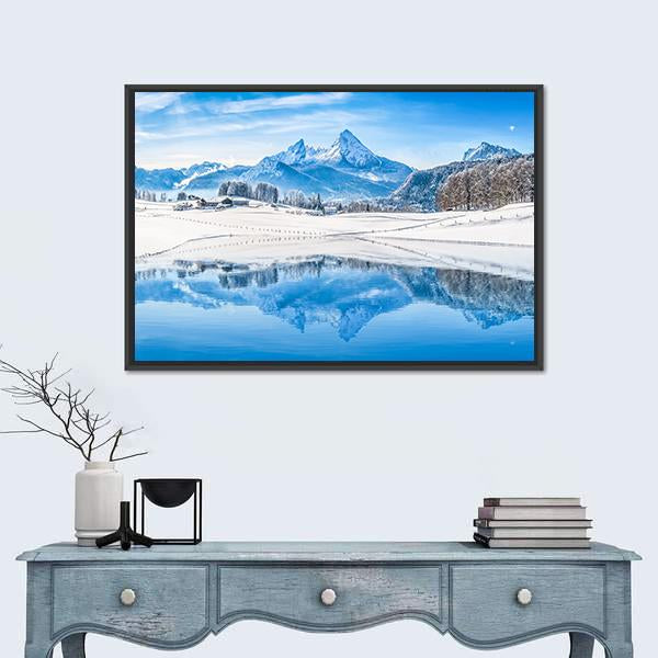 Winter Wonderland Scenery In The Alps With Snowy Mountain Canvas Wall Art-1 Piece-Floating Frame-24" x 16"-Tiaracle