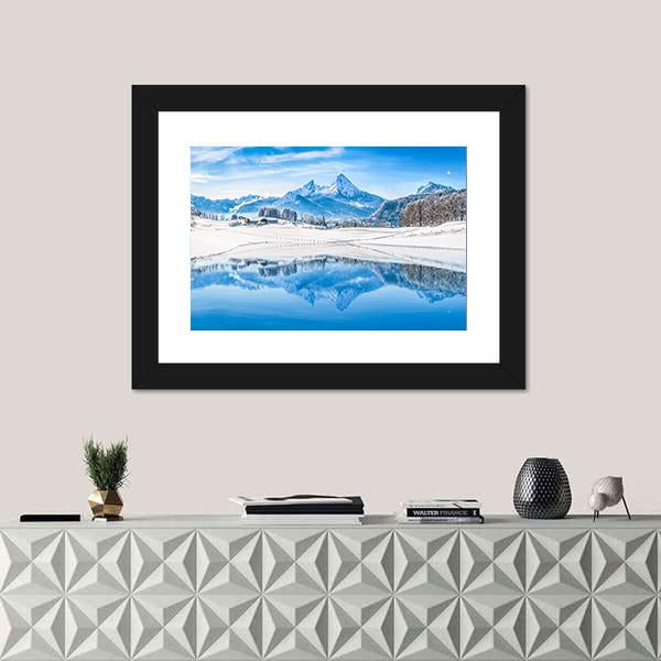 Winter Wonderland Scenery In The Alps With Snowy Mountain Canvas Wall Art-1 Piece-Framed Print-20" x 16"-Tiaracle