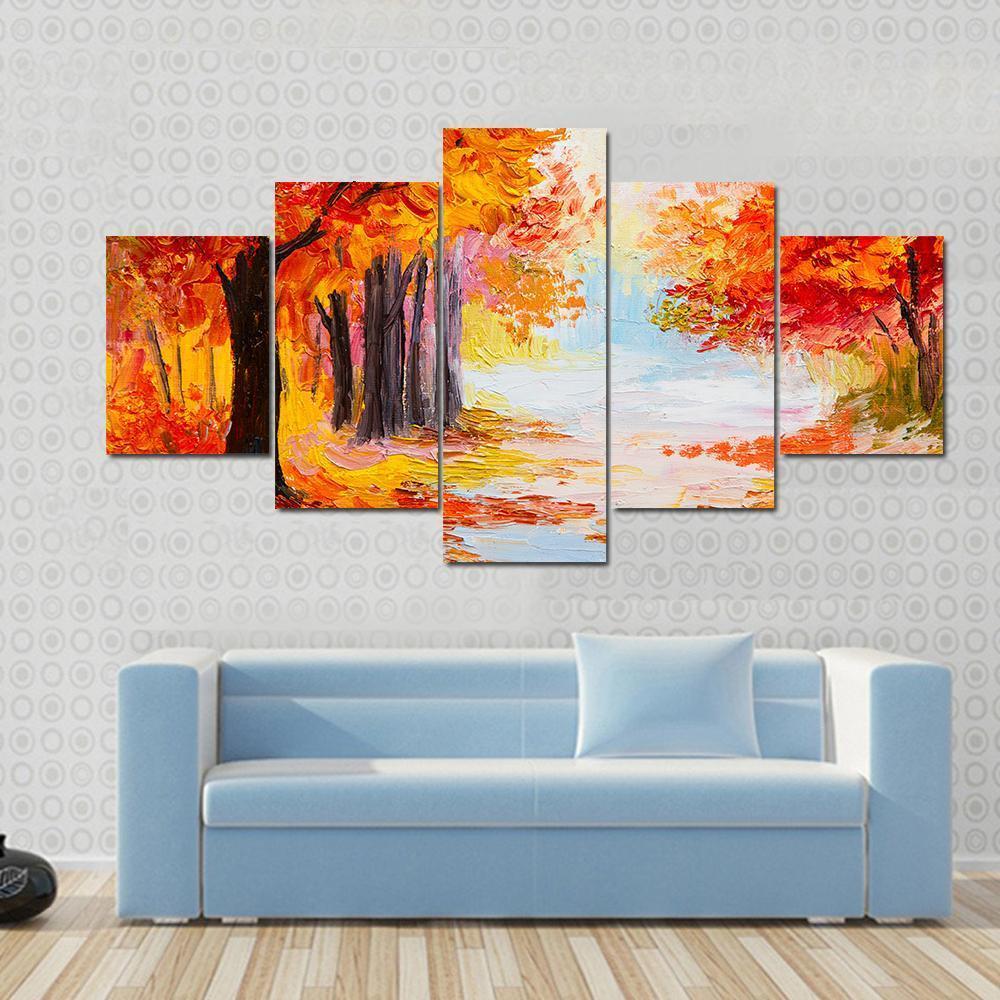 Abstract Autumn Forest Canvas Wall Art-5 Star-Gallery Wrap-62" x 32"-Tiaracle