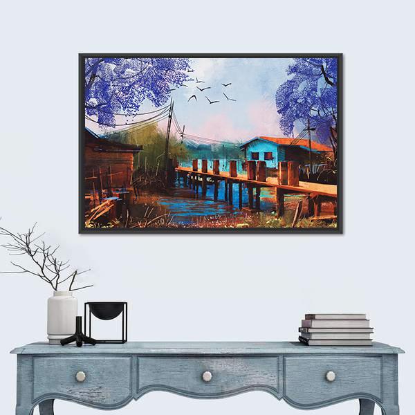 Abstract Fishing Village Canvas Wall Art-1 Piece-Floating Frame-24" x 16"-Tiaracle