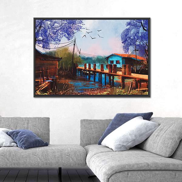 Abstract Fishing Village Canvas Wall Art-3 Horizontal-Gallery Wrap-25" x 16"-Tiaracle