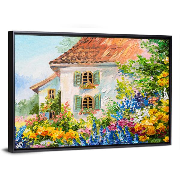 Abstract House In Flower Garden Canvas Wall Art-3 Horizontal-Gallery Wrap-25" x 16"-Tiaracle