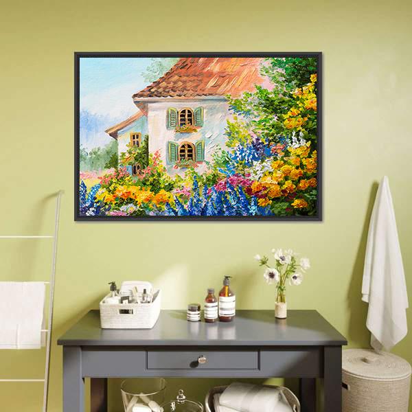 Abstract House In Flower Garden Canvas Wall Art-1 Piece-Floating Frame-24" x 16"-Tiaracle