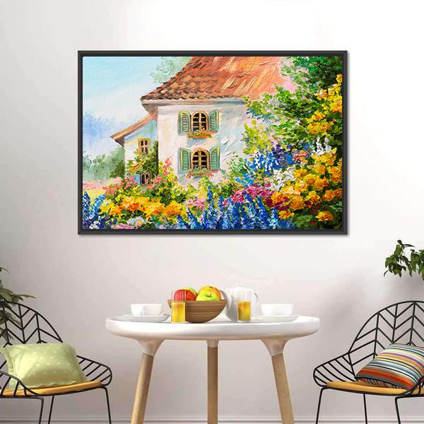 Abstract House In Flower Garden Canvas Wall Art-3 Horizontal-Gallery Wrap-25" x 16"-Tiaracle