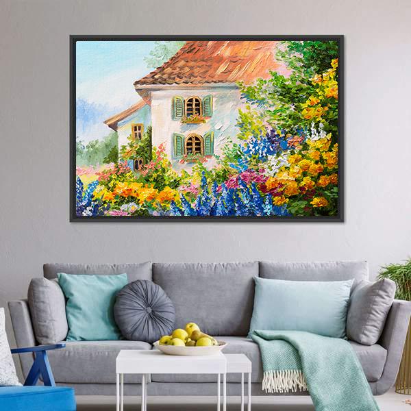 Abstract House In Flower Garden Canvas Wall Art-3 Horizontal-Gallery Wrap-25" x 16"-Tiaracle