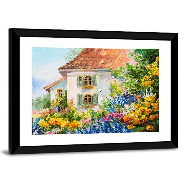 Abstract House In Flower Garden Canvas Wall Art-3 Horizontal-Gallery Wrap-25" x 16"-Tiaracle