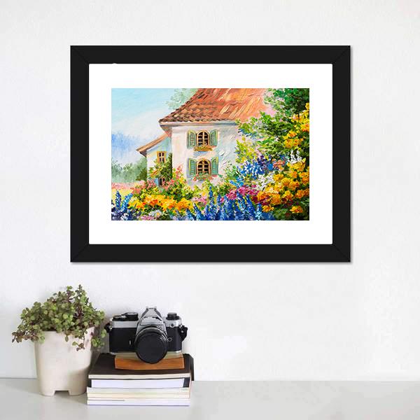 Abstract House In Flower Garden Canvas Wall Art-1 Piece-Framed Print-20" x 16"-Tiaracle