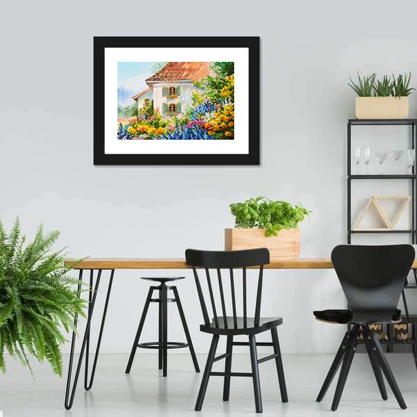 Abstract House In Flower Garden Canvas Wall Art-3 Horizontal-Gallery Wrap-25" x 16"-Tiaracle