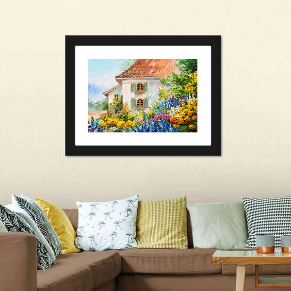 Abstract House In Flower Garden Canvas Wall Art-3 Horizontal-Gallery Wrap-25" x 16"-Tiaracle