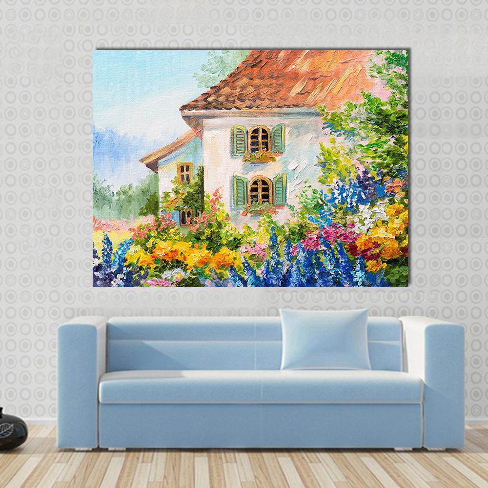 Abstract House In Flower Garden Canvas Wall Art-1 Piece-Gallery Wrap-48" x 32"-Tiaracle