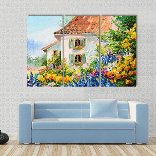 Abstract House In Flower Garden Canvas Wall Art-3 Horizontal-Gallery Wrap-37" x 24"-Tiaracle