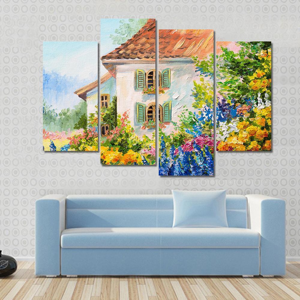 Abstract House In Flower Garden Canvas Wall Art-4 Pop-Gallery Wrap-50" x 32"-Tiaracle