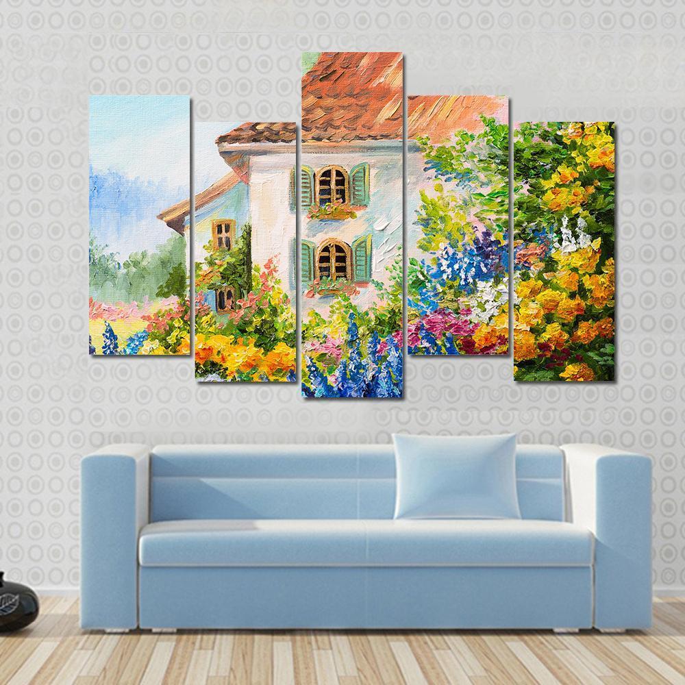 Abstract House In Flower Garden Canvas Wall Art-5 Pop-Gallery Wrap-47" x 32"-Tiaracle