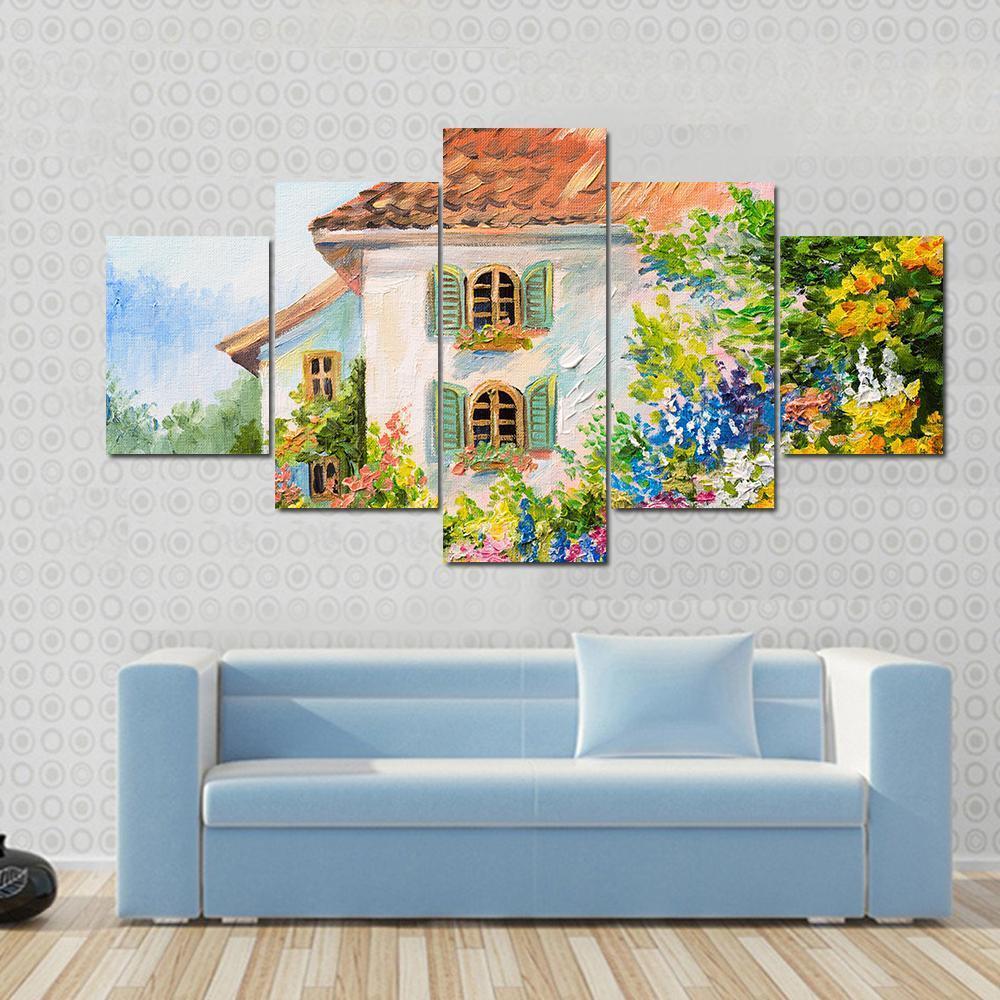 Abstract House In Flower Garden Canvas Wall Art-5 Star-Gallery Wrap-62" x 32"-Tiaracle