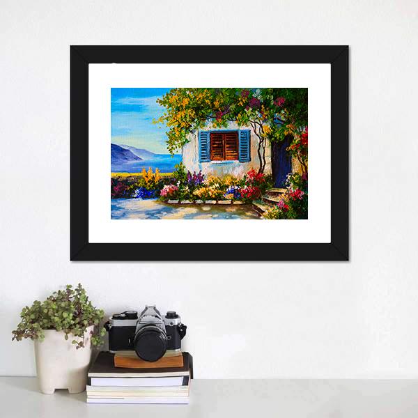 Abstract House Near The Sea Canvas Wall Art-1 Piece-Framed Print-20" x 16"-Tiaracle