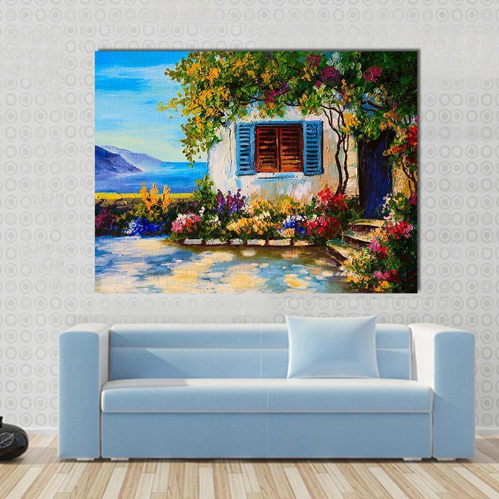 Abstract House Near The Sea Canvas Wall Art-1 Piece-Gallery Wrap-48" x 32"-Tiaracle