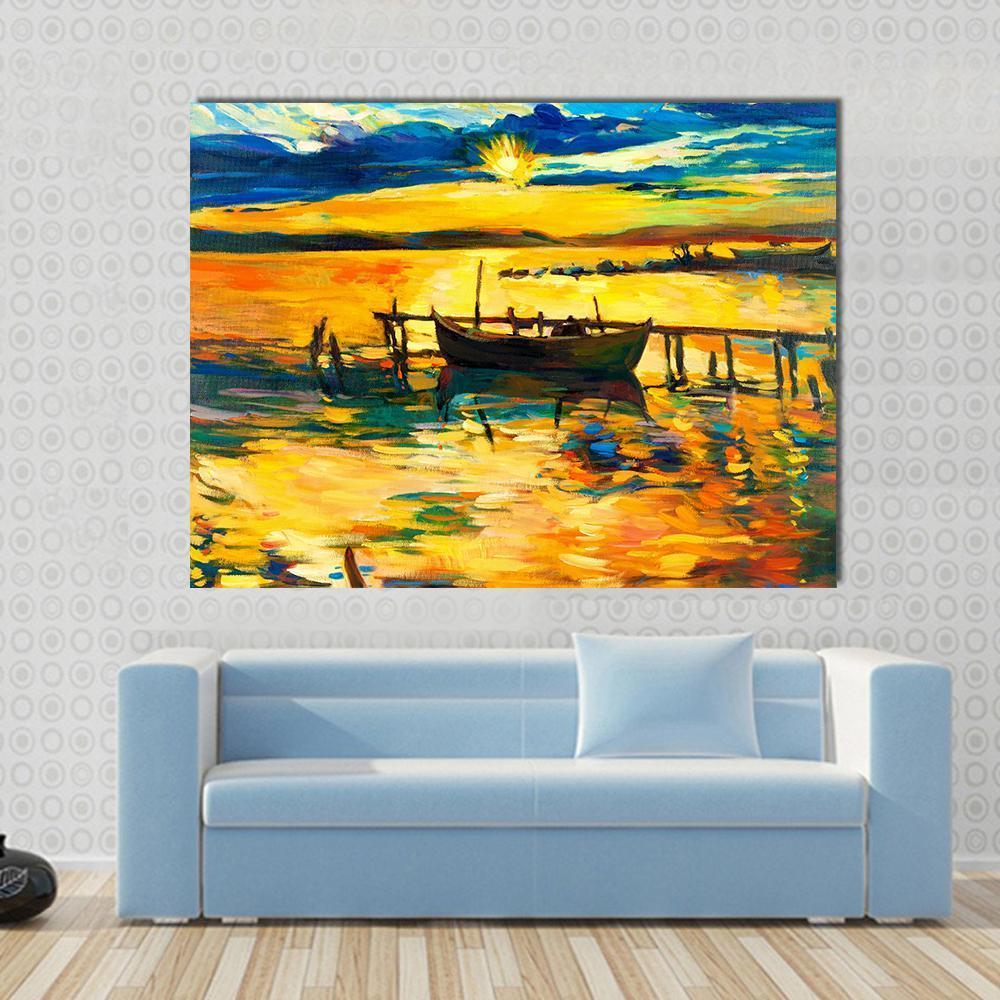 Abstract Of Boat & Jetty Canvas Wall Art-1 Piece-Gallery Wrap-48" x 32"-Tiaracle