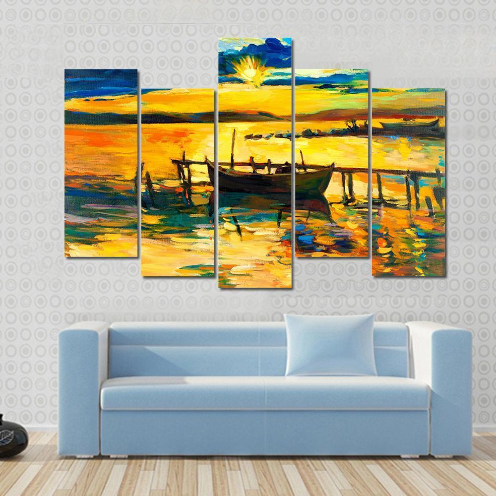 Abstract Of Boat & Jetty Canvas Wall Art-5 Pop-Gallery Wrap-47" x 32"-Tiaracle