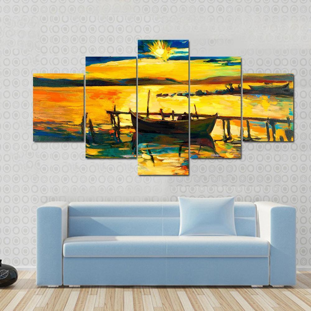 Abstract Of Boat & Jetty Canvas Wall Art-5 Star-Gallery Wrap-62" x 32"-Tiaracle