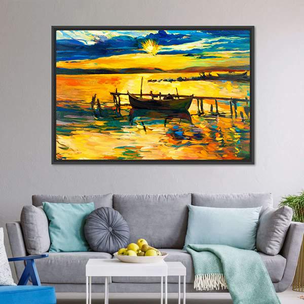 Abstract Of Boat & Jetty Canvas Wall Art-1 Piece-Floating Frame-24" x 16"-Tiaracle