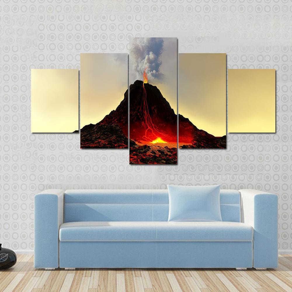 Active Volcano Spews Out Hot Red Lava Canvas Wall Art-5 Star-Gallery Wrap-62" x 32"-Tiaracle