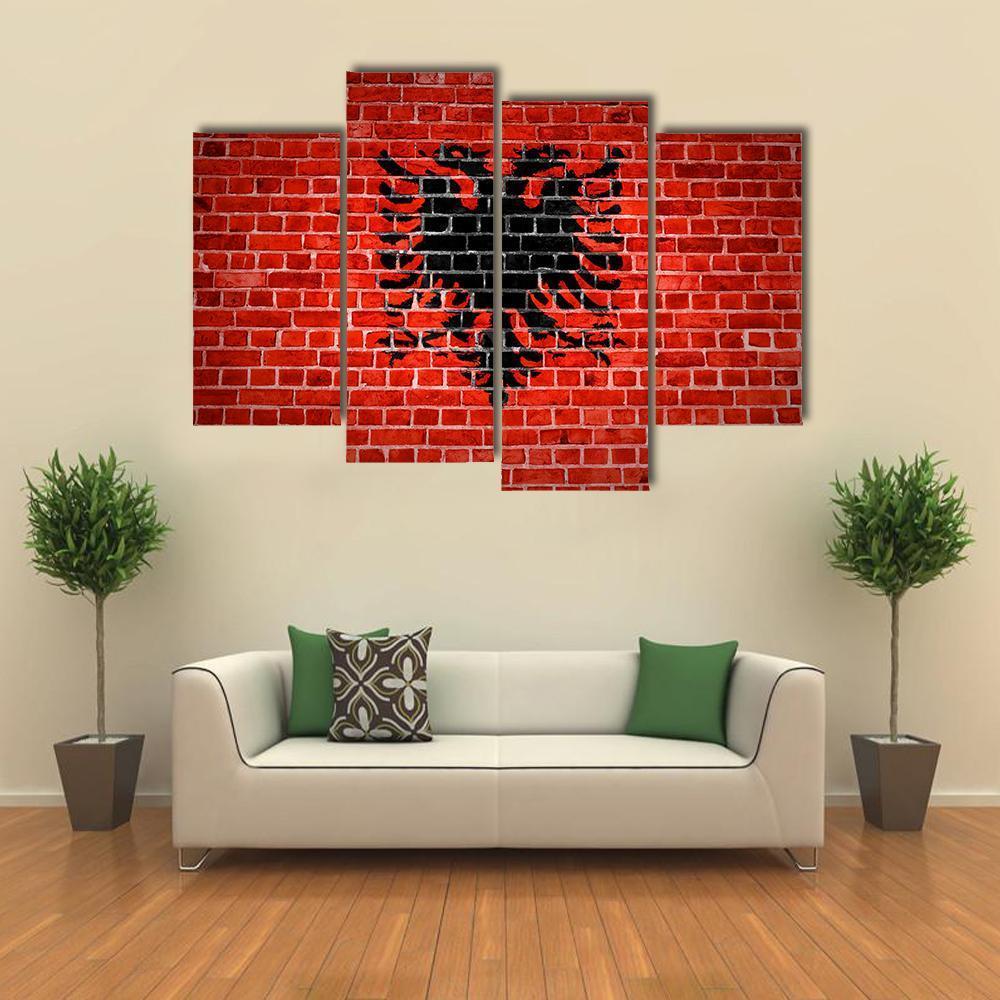 Albanian Flag On Brick Wall Canvas Wall Art-4 Pop-Gallery Wrap-50" x 32"-Tiaracle