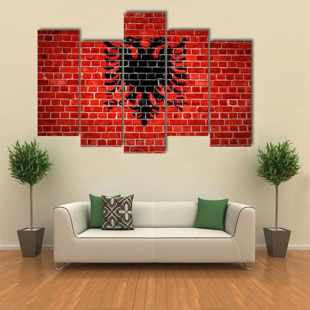 Albanian Flag On Brick Wall Canvas Wall Art-5 Pop-Gallery Wrap-47" x 32"-Tiaracle
