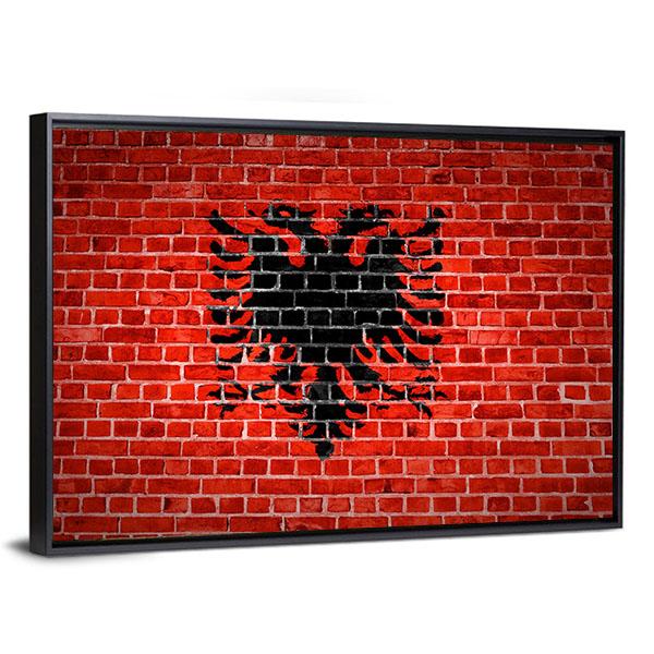 Albanian Flag On Brick Wall Canvas Wall Art-3 Horizontal-Gallery Wrap-25" x 16"-Tiaracle