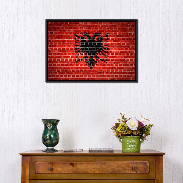 Albanian Flag On Brick Wall Canvas Wall Art-3 Horizontal-Gallery Wrap-25" x 16"-Tiaracle
