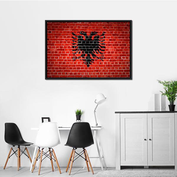 Albanian Flag On Brick Wall Canvas Wall Art-3 Horizontal-Gallery Wrap-25" x 16"-Tiaracle