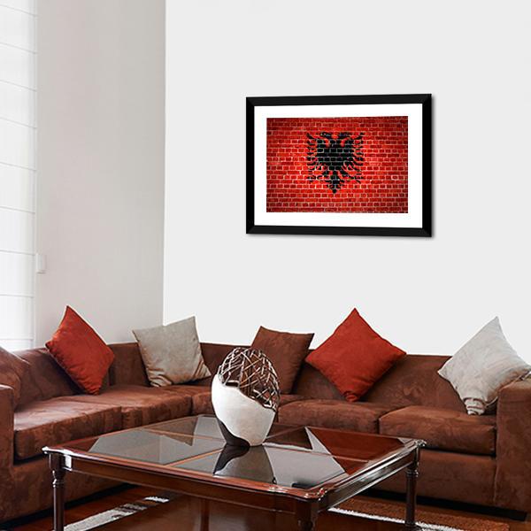 Albanian Flag On Brick Wall Canvas Wall Art-3 Horizontal-Gallery Wrap-25" x 16"-Tiaracle