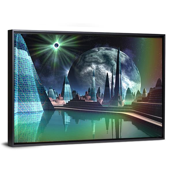 Alien City With Quasar Star Canvas Wall Art-3 Horizontal-Gallery Wrap-25" x 16"-Tiaracle