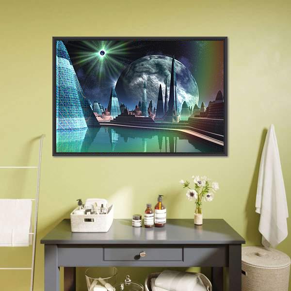 Alien City With Quasar Star Canvas Wall Art-1 Piece-Floating Frame-24" x 16"-Tiaracle