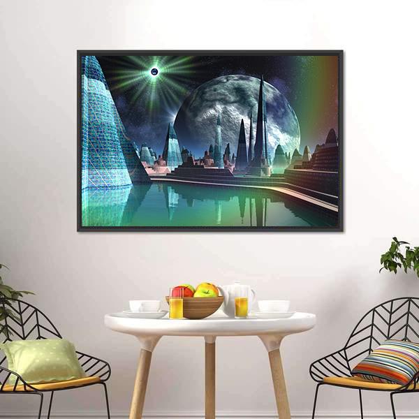 Alien City With Quasar Star Canvas Wall Art-3 Horizontal-Gallery Wrap-25" x 16"-Tiaracle