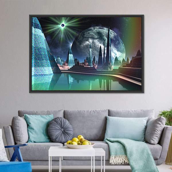 Alien City With Quasar Star Canvas Wall Art-3 Horizontal-Gallery Wrap-25" x 16"-Tiaracle