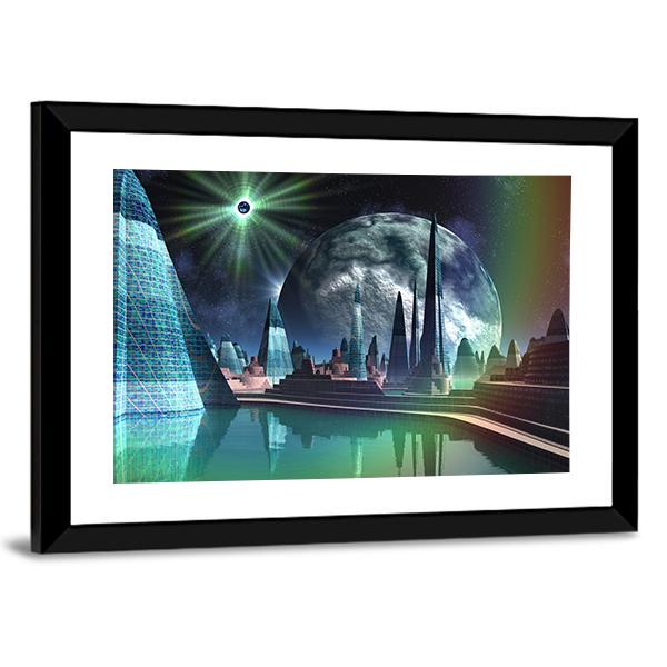 Alien City With Quasar Star Canvas Wall Art-3 Horizontal-Gallery Wrap-25" x 16"-Tiaracle