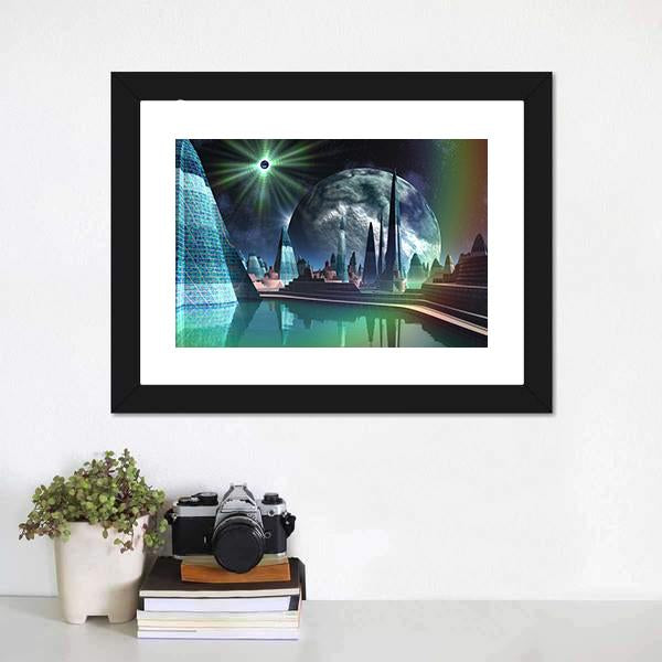 Alien City With Quasar Star Canvas Wall Art-1 Piece-Framed Print-20" x 16"-Tiaracle