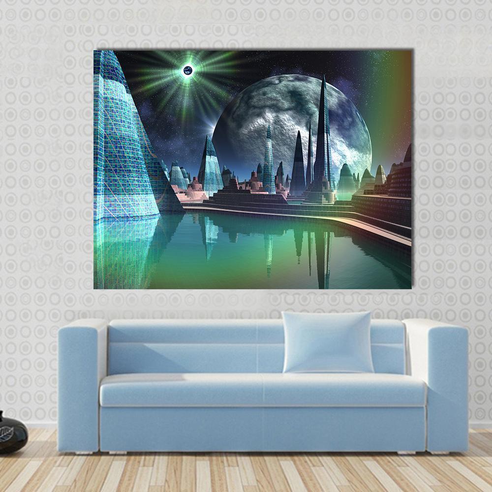 Alien City With Quasar Star Canvas Wall Art-1 Piece-Gallery Wrap-48" x 32"-Tiaracle