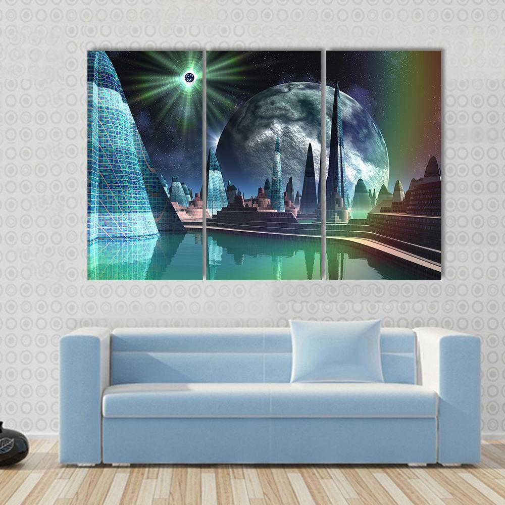 Alien City With Quasar Star Canvas Wall Art-3 Horizontal-Gallery Wrap-37" x 24"-Tiaracle