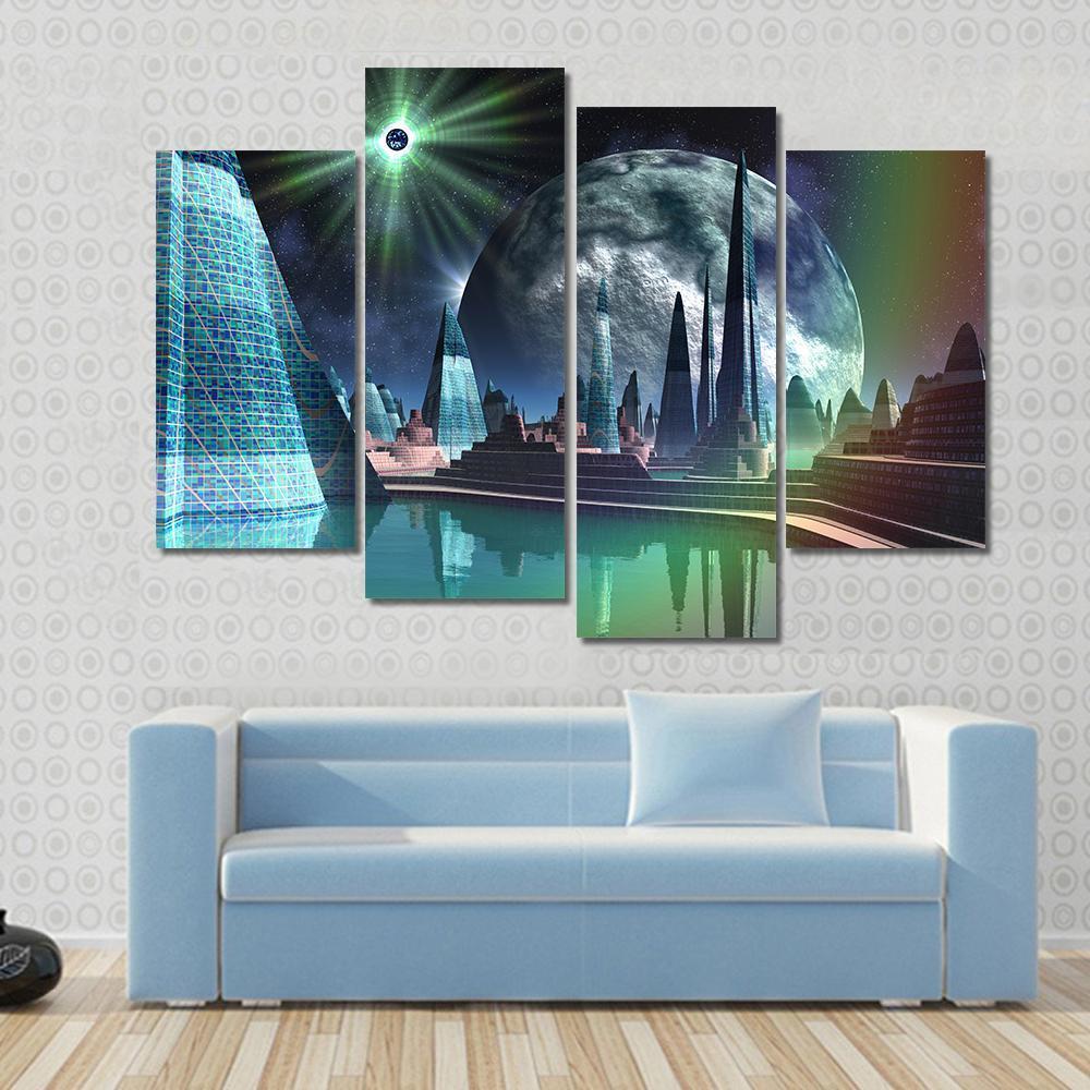 Alien City With Quasar Star Canvas Wall Art-4 Pop-Gallery Wrap-50" x 32"-Tiaracle