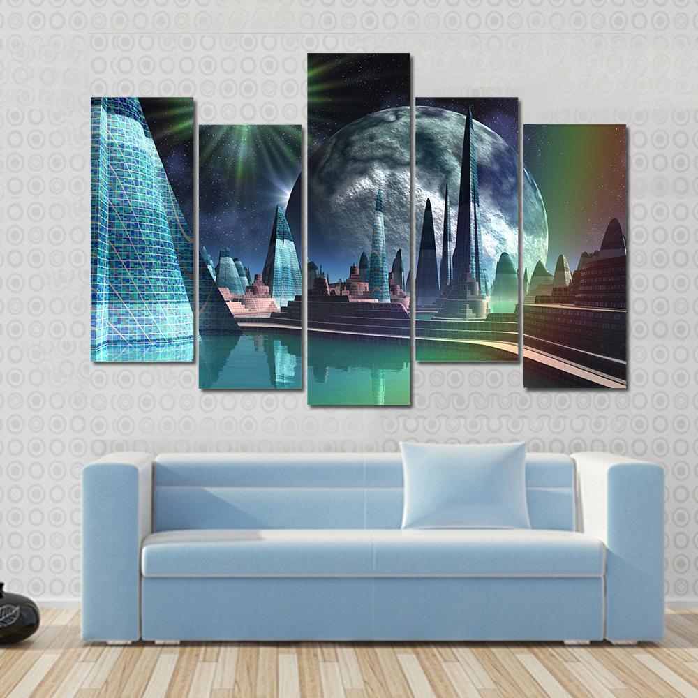 Alien City With Quasar Star Canvas Wall Art-5 Pop-Gallery Wrap-47" x 32"-Tiaracle