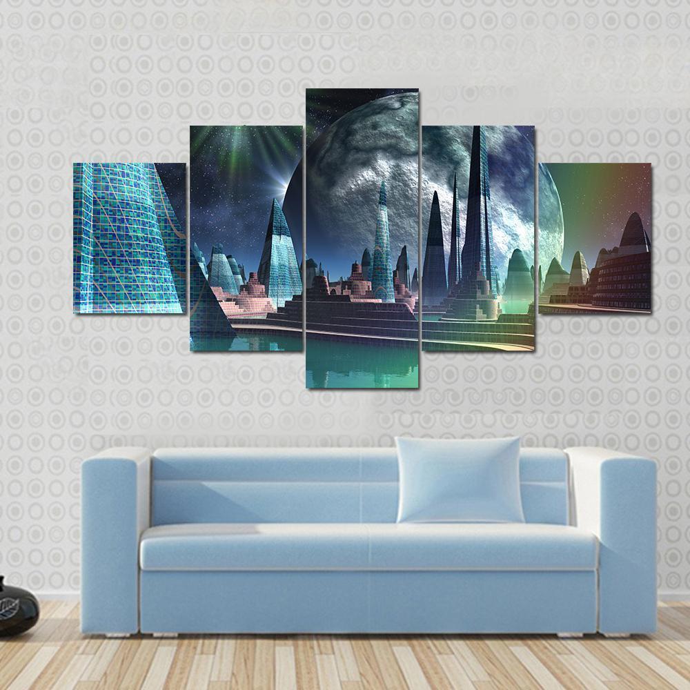 Alien City With Quasar Star Canvas Wall Art-5 Star-Gallery Wrap-62" x 32"-Tiaracle