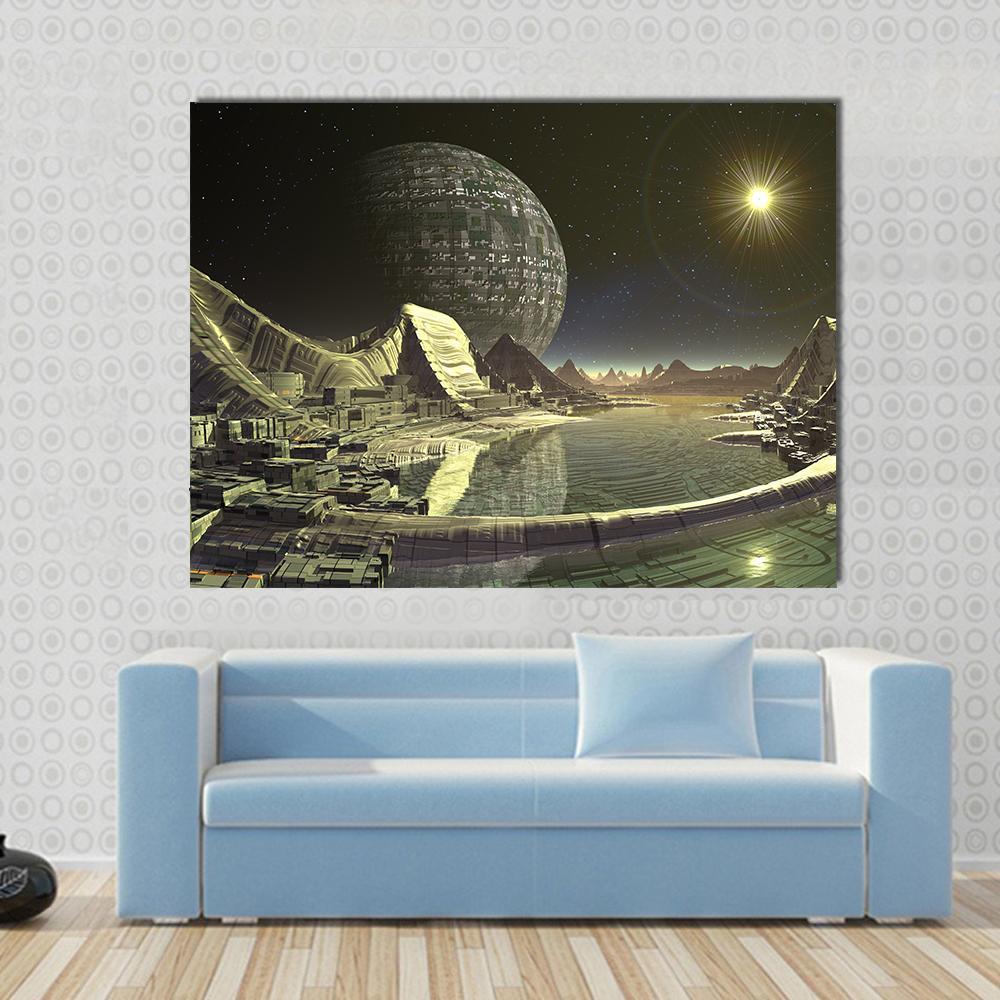 Alien Satellite City Canvas Wall Art-1 Piece-Gallery Wrap-48" x 32"-Tiaracle