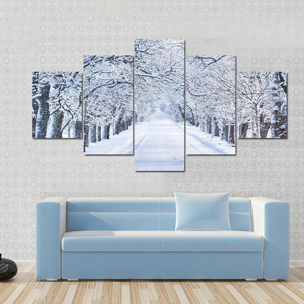 Alley In Snowy Morning Canvas Wall Art-5 Star-Gallery Wrap-62" x 32"-Tiaracle