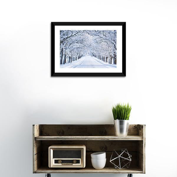 Alley In Snowy Morning Canvas Wall Art-1 Piece-Framed Print-20" x 16"-Tiaracle