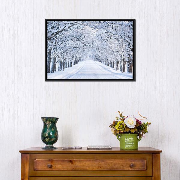 Alley In Snowy Morning Canvas Wall Art-1 Piece-Floating Frame-24" x 16"-Tiaracle